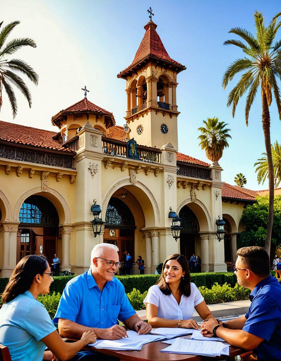 A bustling Riverside County scene with a diverse group of people engaging in discussions about taxation updates, surrounded by iconic landmarks like the Mission Inn and beautiful palm trees. Include visual elements like tax documents, calculators, and compliance checklists to emphasize the theme of taxation. Bright, sunny skies to represent optimism and awareness. super-realistic. vibrant colors.