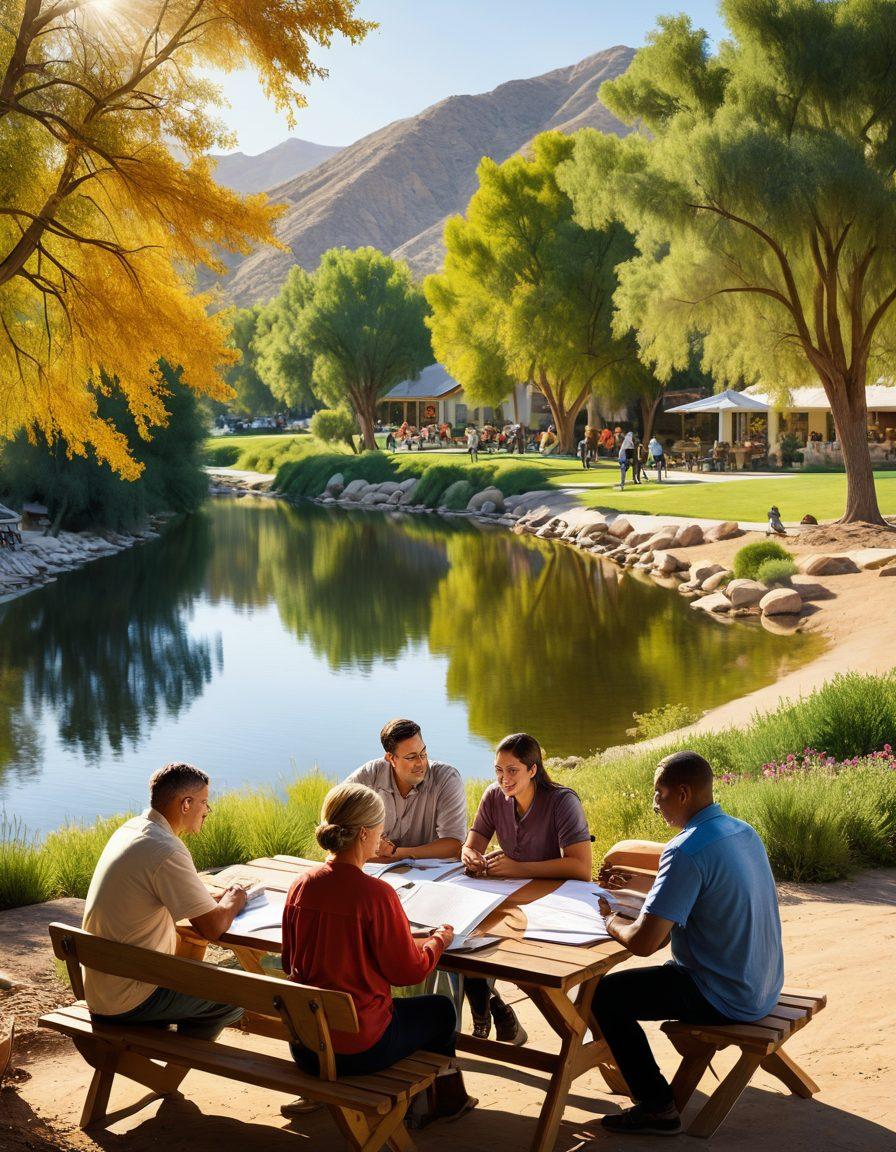 A serene riverside scene showcasing a diverse community engaged in property tax discussions, with individuals consulting tax documents and laptops on picnic tables. In the background, a picturesque view of Riverside County's landscapes, including rolling hills and the river flowing gently. Elements symbolizing tax resources like calculators and brochures, along with friendly characters assisting each other. warm sunlight illuminating the scene, creating an inviting atmosphere. super-realistic. vibrant colors. natural setting.