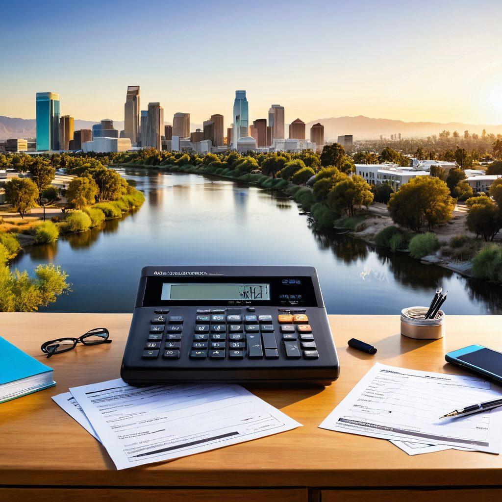 A serene landscape showing a scenic view of Riverside County with a modern city skyline, a calculator and tax forms laid on a wooden desk in the foreground, a flowing river symbolizing smooth transactions, and a bright sun casting warm light on the scene. super-realistic. vibrant colors. white background.